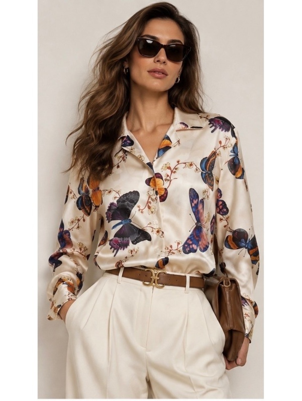 Lanvin Butterfly Print Silk Blouse Shirt Ecru Multicolor US 4 NWT Made in France
